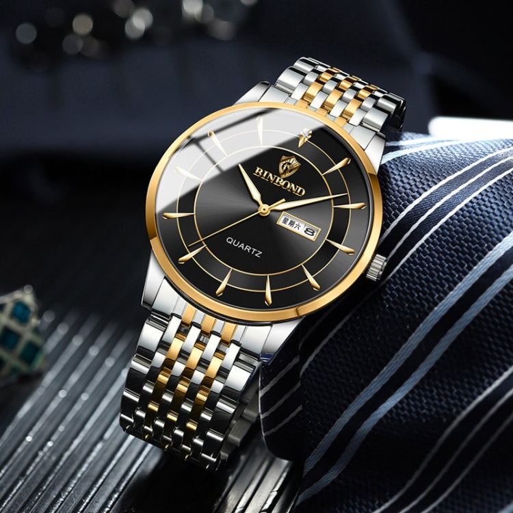 BINBOND B2077 30M Waterproof Quartz Luminous Watch Butterfly Buckle Men's Steel Belt Watch(Black Steel-Black) - free shipping - PMC TechLife - Order now!