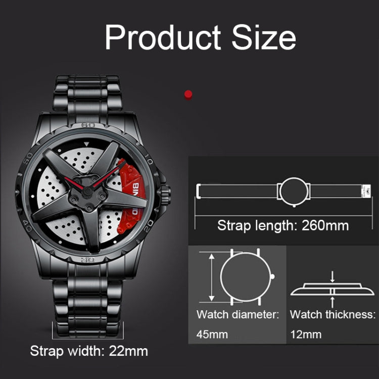 BINBOND D002 Car Hub Dial Multifunctional Waterproof and Wear-resistant Men's Watch(Black Steel-Red) - free shipping - PMC TechLife - Order now!