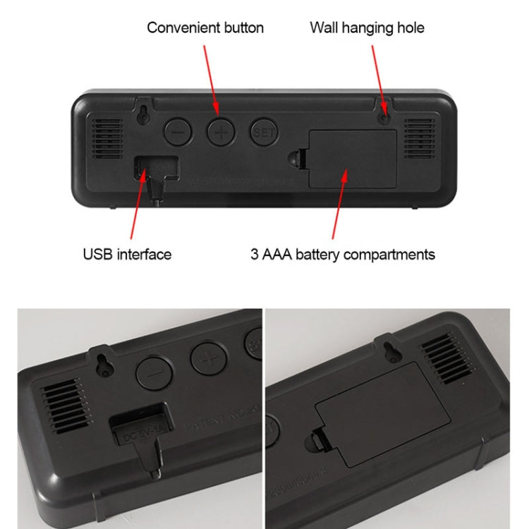 671  Mirror Screen Digital LED Alarm Clock USB Plug-in/Battery Dual-use With Temperature/Humidity Display(Black Shell White Blue) - Alarm Clocks by PMc TechLife | Online Shopping South Africa | PMc TechLife | Buy Now Pay Later Mobicred