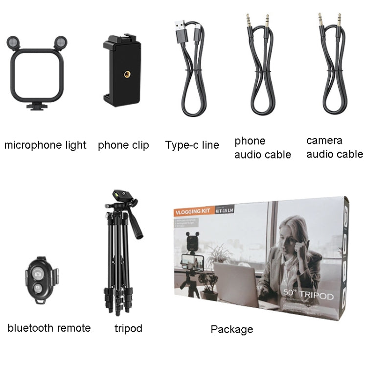 KIT-15LM Tripod Fill Light With Microphone Vlogging Kit  For Live Phone Recording(Black) - Stand by PMC TechLife | Online Shopping South Africa | PMC TechLife | Buy Now Pay Later Mobicred
