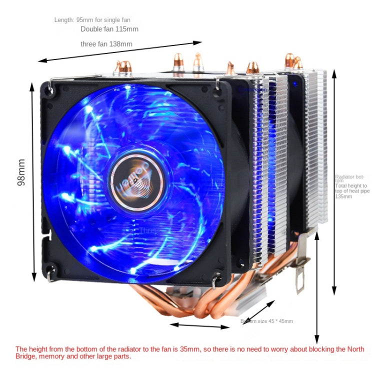 Desktop Computer Double Copper Tube CPU Radiator Super Quiet Color Light 3-pin Double Fan - Fan Cooling by PMC Jewellery | Online Shopping South Africa | PMC Jewellery | Buy Now Pay Later Mobicred
