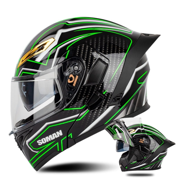 SOMAN Motorcycle Dual Lens Riding Peel-Off Full Coverage Helmet, Size: XL(Bright Black Green) - free shipping - PMC TechLife - Order now!