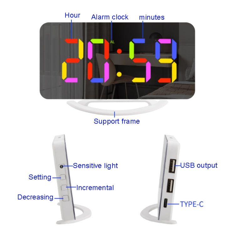 TS-8201 LED Digital Mirror Alarm Clock Big Screen Dual USB Desktop Table Clock, Color: White Shell Red Light - Alarm Clocks by PMc TechLife | Online Shopping South Africa | PMc TechLife | Buy Now Pay Later Mobicred