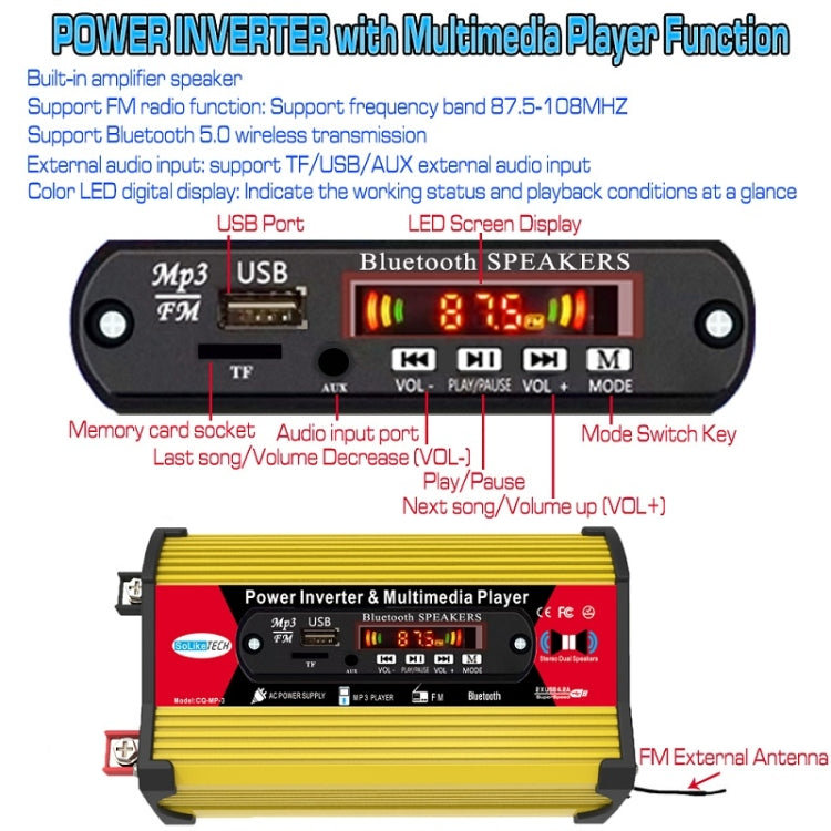 SOLIKE TECH 300W Modified Sine Wave Inverter with Bluetooth MP3/FM Multimedia Player 12V to 220V - free shipping - PMC TechLife - Order now!