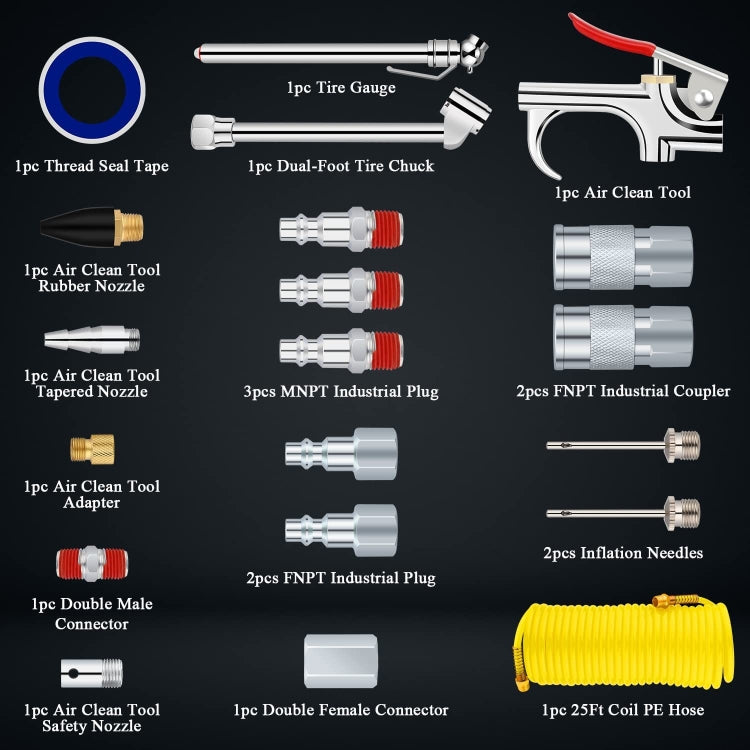 20 In 1 Air Compressor Kit 1/4 Inch NPT Air Tool Kit With 7.5m Coil Nylon Hose - Engine Fittings by PMC TechLife | Online Shopping South Africa | PMC TechLife | Buy Now Pay Later Mobicred
