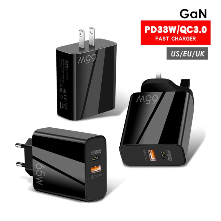 A502 65W USB-C/Type-C+USB Dual Port GaN Charger QC3.0 Laptop Universal Charger US Plug Black - free shipping - PMC Jewellery - Order now!