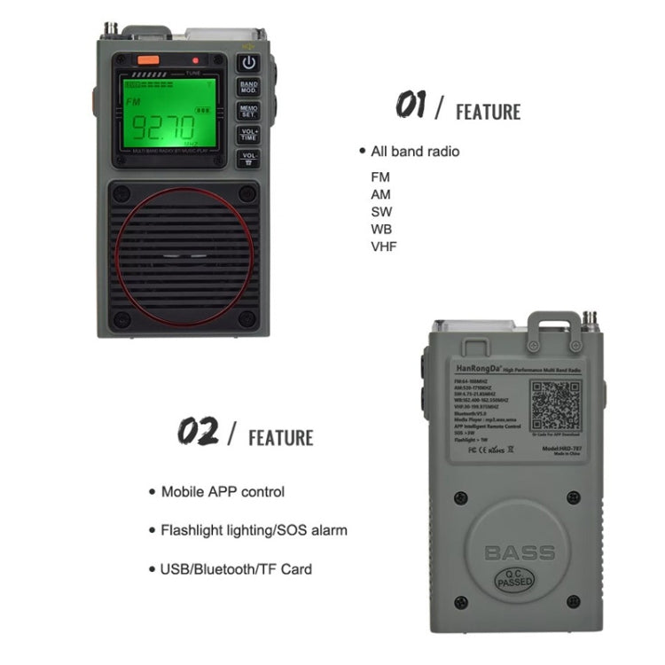 HanRongda HRD-787 High Performance Full Band Portable Bluetooth Card SOS Warning LED Lighting Radio(Green) - free shipping - PMC Jewellery - Order now!