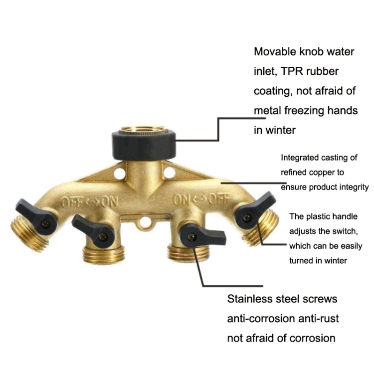 Garden Watering Agricultural Irrigation Family Car Wash Faucet Copper 4-way Ball Valve Water Divider(European Thread) - Watering & Irrigation by PMC TechLife | Online Shopping South Africa | PMC TechLife | Buy Now Pay Later Mobicred