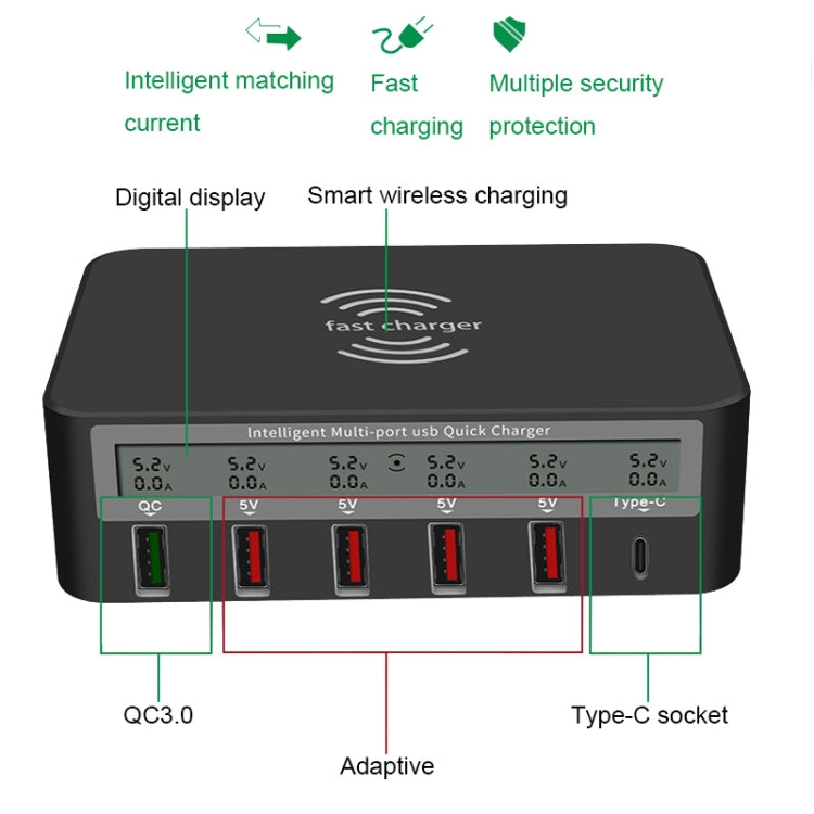 818F 5 USB Ports + Type-C Multifunctional Multi-Port Wireless Charger, Style: AU Plug (Black) - Multifunction Charger by PMC TechLife | Online Shopping South Africa | PMC TechLife | Buy Now Pay Later Mobicred