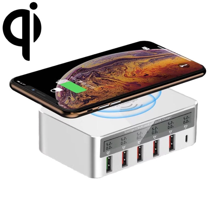 818PF 5 USB Ports + Type-C Smart Digital Display Wireless Phone Charger, Style: US Plug (White) - Multifunction Charger by PMC TechLife | Online Shopping South Africa | PMC TechLife | Buy Now Pay Later Mobicred