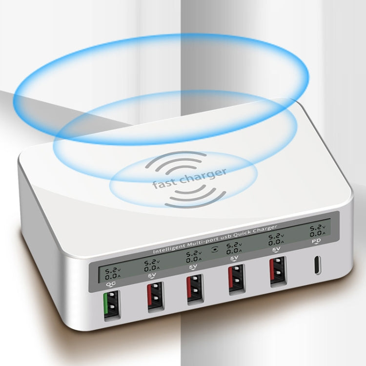 818PF 5 USB Ports + Type-C Smart Digital Display Wireless Phone Charger, Style: UK Plug (White) - Multifunction Charger by PMC TechLife | Online Shopping South Africa | PMC TechLife | Buy Now Pay Later Mobicred