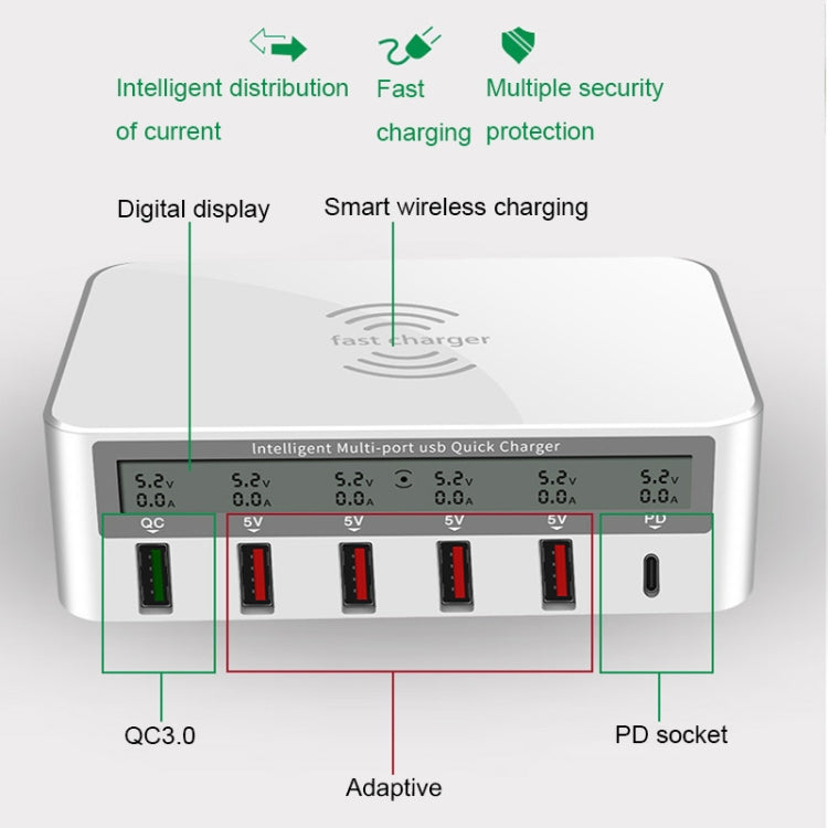 818PF 5 USB Ports + Type-C Smart Digital Display Wireless Phone Charger, Style: AU Plug (Black) - Multifunction Charger by PMC TechLife | Online Shopping South Africa | PMC TechLife | Buy Now Pay Later Mobicred