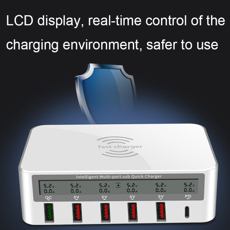 818PF 5 USB Ports + Type-C Smart Digital Display Wireless Phone Charger, Style: EU Plug (White) - Multifunction Charger by PMC TechLife | Online Shopping South Africa | PMC TechLife | Buy Now Pay Later Mobicred