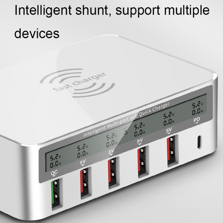 818PF 5 USB Ports + Type-C Smart Digital Display Wireless Phone Charger, Style: US Plug (White) - Multifunction Charger by PMC TechLife | Online Shopping South Africa | PMC TechLife | Buy Now Pay Later Mobicred