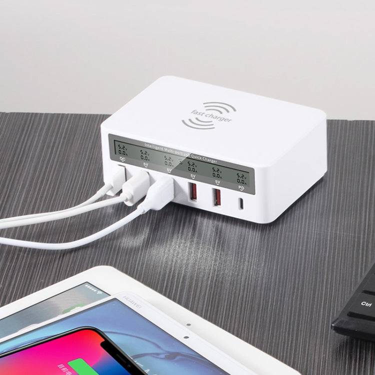 818PF 5 USB Ports + Type-C Smart Digital Display Wireless Phone Charger, Style: US Plug (White) - Multifunction Charger by PMC TechLife | Online Shopping South Africa | PMC TechLife | Buy Now Pay Later Mobicred