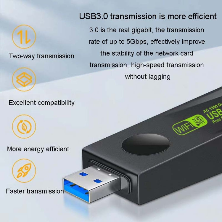 1300Mbps Wireless Network Card Gigabit Dual Band 5G Driverless Computer USB Network Card, Scope: 600m - USB Network Adapter by PMC TechLife | Online Shopping South Africa | PMC TechLife