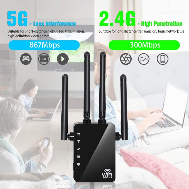 5G/2.4G 1200Mbps WiFi Range Extender WiFi Repeater With 2 Ethernet Ports US Plug Black - Broadband Amplifiers by PMC TechLife | Online Shopping South Africa | PMC TechLife