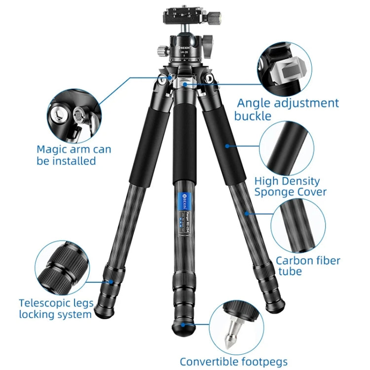 BEXIN RC254+LH-28 Carbon Fiber Portable Folding Tripod SLR Camera Low Gravity Center Gimbal Photography Bracket - free shipping - PMC TechLife - Order now!