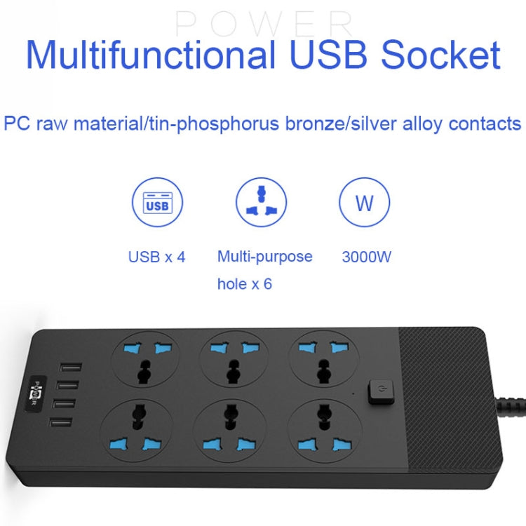 TB-T12 3000W 2m 4-USB Ports + 6-Jacks Multifunctional Flame-Retardant Socket With Switch(UK Plug) - free shipping - PMC TechLife - Order now!