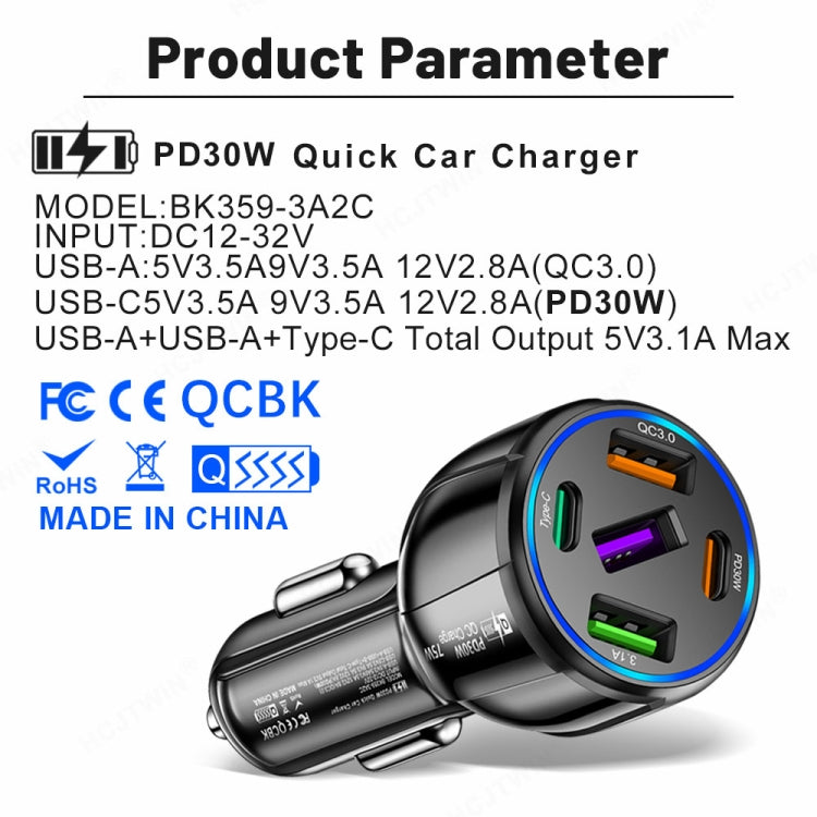 3USB+2PD 75W Dual Line Car Mobile Phone Fast Charging Charger(Black) - Car Charger by PMC TechLife | Online Shopping South Africa | PMC TechLife | Buy Now Pay Later Mobicred