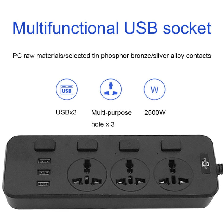 T14 2m 2500W 3 Plugs + 3-USB Ports Multifunctional Socket With Switch, Specification: EU Plug (Black) - Extension Socket by PMC TechLife | Online Shopping South Africa | PMC TechLife | Buy Now Pay Later Mobicred