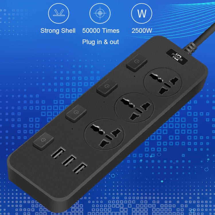 T14 2m 2500W 3 Plugs + 3-USB Ports Multifunctional Socket With Switch, Specification: UK Plug (Black) - Extension Socket by PMC TechLife | Online Shopping South Africa | PMC TechLife | Buy Now Pay Later Mobicred