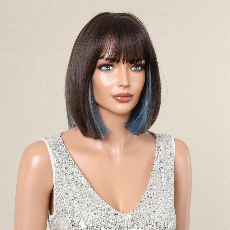 Women Full Bangs Bob Light Breathable Full Head Wig(Black Highlights Blue LC6229-2) - free shipping - PMC TechLife - Order now!