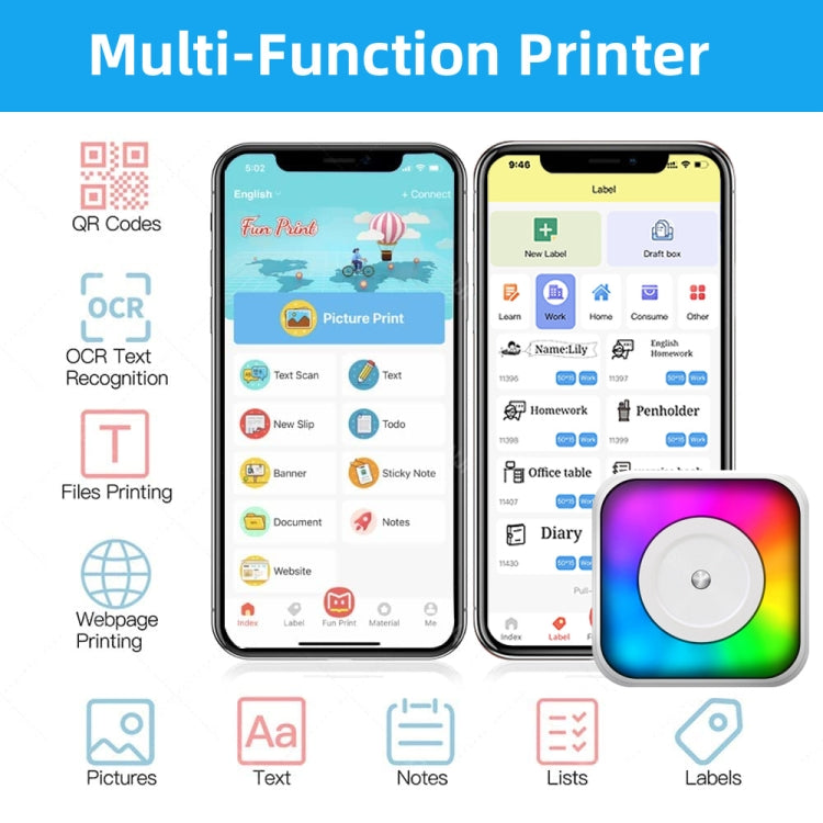 RGB Light Portable Mini Bluetooth Printer Inkless Document Label Printer with 5-Rolls Stickers - Printer by PMC TechLife | Online Shopping South Africa | PMC TechLife | Buy Now Pay Later Mobicred