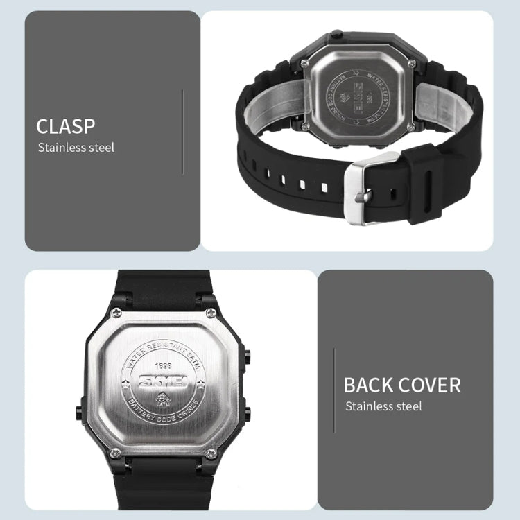 SKMEI 1698 50m Waterproof Multifunctional Sports Square Pin Buckle Luminous Digital Watch(Black Black) - free shipping - PMC TechLife - Order now!