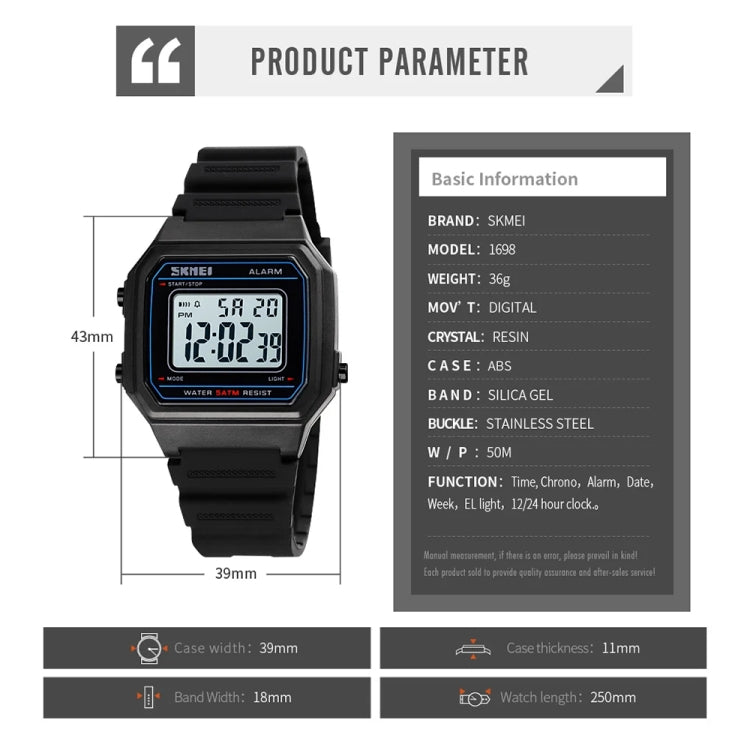 SKMEI 1698 50m Waterproof Multifunctional Sports Square Pin Buckle Luminous Digital Watch(Black Black) - free shipping - PMC TechLife - Order now!