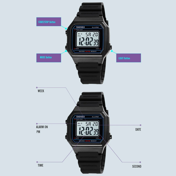 SKMEI 1698 50m Waterproof Multifunctional Sports Square Pin Buckle Luminous Digital Watch(Black Black) - free shipping - PMC TechLife - Order now!