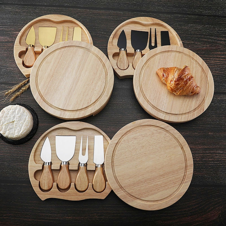 4pcs /Set Round Oak Box Cheese Knife Spatula Stainless Steel Cheese Tools Cutlery, Color: Black - Baking Pastry Tools by PMC TechLife | Online Shopping South Africa | PMC TechLife