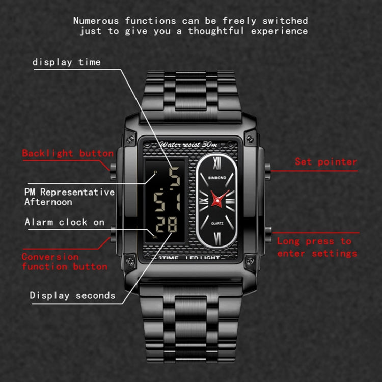 BINBOND B2311 30m Waterproof Men LED Luminous Multifunctional Quartz Watch, Color: Black Steel-Black - free shipping - PMC TechLife - Order now!
