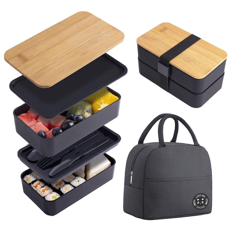 1200ml Portable Compartment Insulated Double Layer Lunch Box Microwavable Plastic Food Container, Color: With Insulation Bag Black - Cutlery Sets by PMC TechLife | Online Shopping South Africa | PMC TechLife
