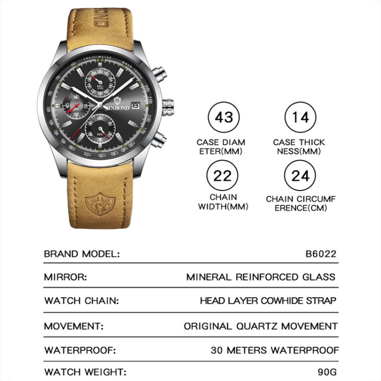 BINBOND B6022 30m Waterproof Luminous Multifunctional Quartz Watch, Color: Leather-White Steel-Blue - free shipping - PMC TechLife - Order now!