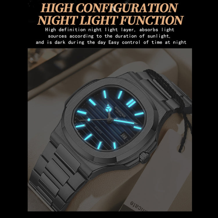 BINBOND B1885 30m Waterproof Retro Luminous Square Men Quartz Watch, Color: Black Steel-Blue-White - free shipping - PMC TechLife - Order now!