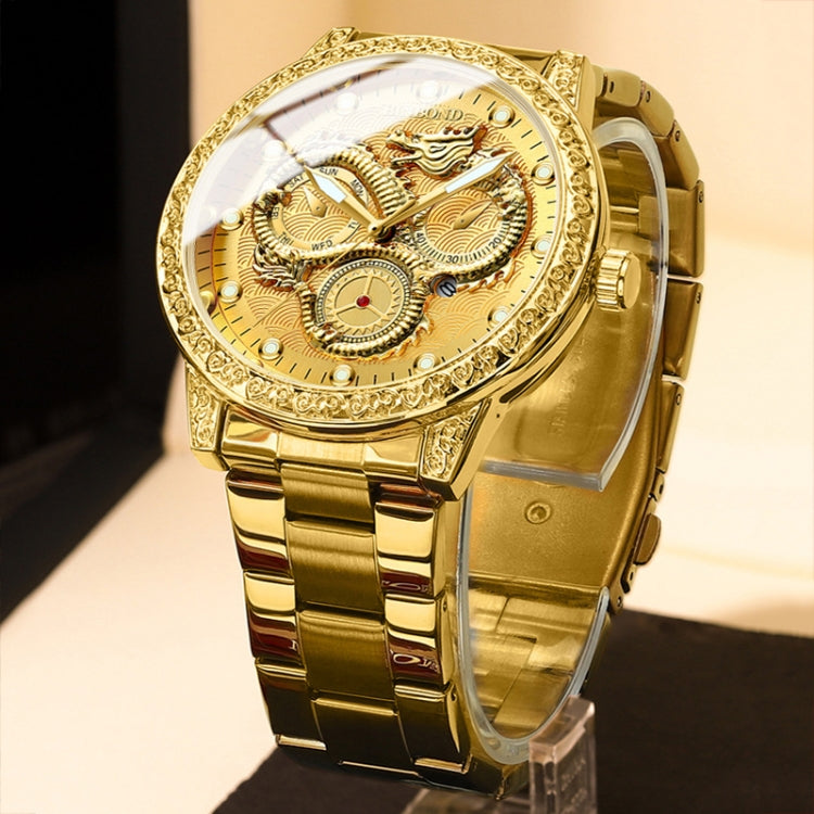 BINBOND B3030 Embossed Dragon Luminous Waterproof Quartz Watch, Color: Full-gold Black - free shipping - PMC TechLife - Order now!