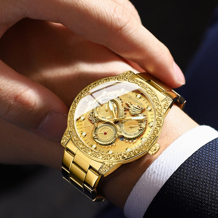 BINBOND B3030 Embossed Dragon Luminous Waterproof Quartz Watch, Color: Full-gold Black - free shipping - PMC TechLife - Order now!