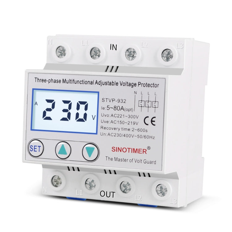 SINOTIMER STVP-932 63A 3-phase 380V LCD Self-resetting Adjustable Surge Voltage Protector - free shipping - PMC TechLife - Order now!