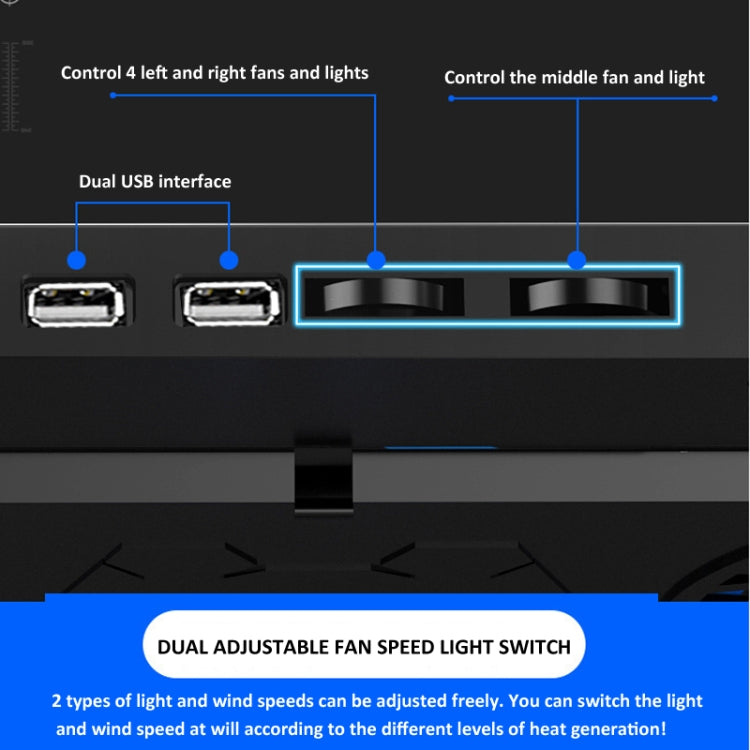 NUOXI 5 Fans Laptop Radiator Bracket Height Adjustable with Dual USB Ports(Black and Blue) - free shipping - PMC Jewellery - Order now!