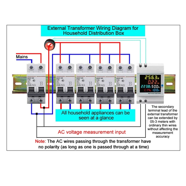 SINOTIMER SDM009 Din Rail Single-Phase Voltage Current Frequency Power Factor Electricity Multifunctional Meter, Model: AC40-300V External - free shipping - PMC Jewellery - Order now!
