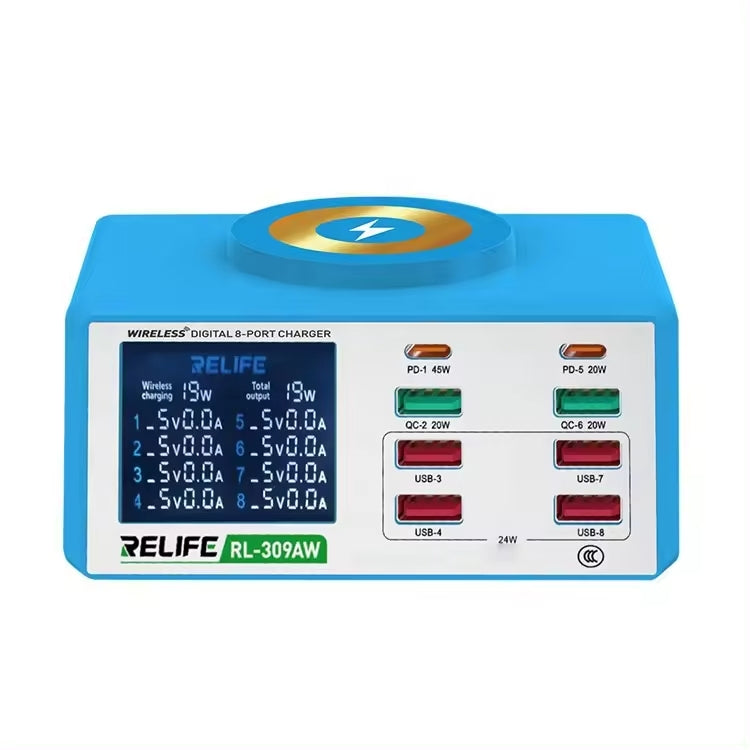 RELIFE RL-309AW  QC3.0 PD Fast Wireless Charger With LCD Display 8 Ports(EU Plug) - free shipping - PMC TechLife - Order now!