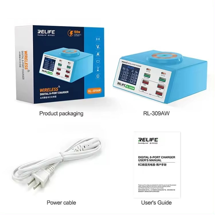 RELIFE RL-309AW  QC3.0 PD Fast Wireless Charger With LCD Display 8 Ports(US Plug) - free shipping - PMC TechLife - Order now!