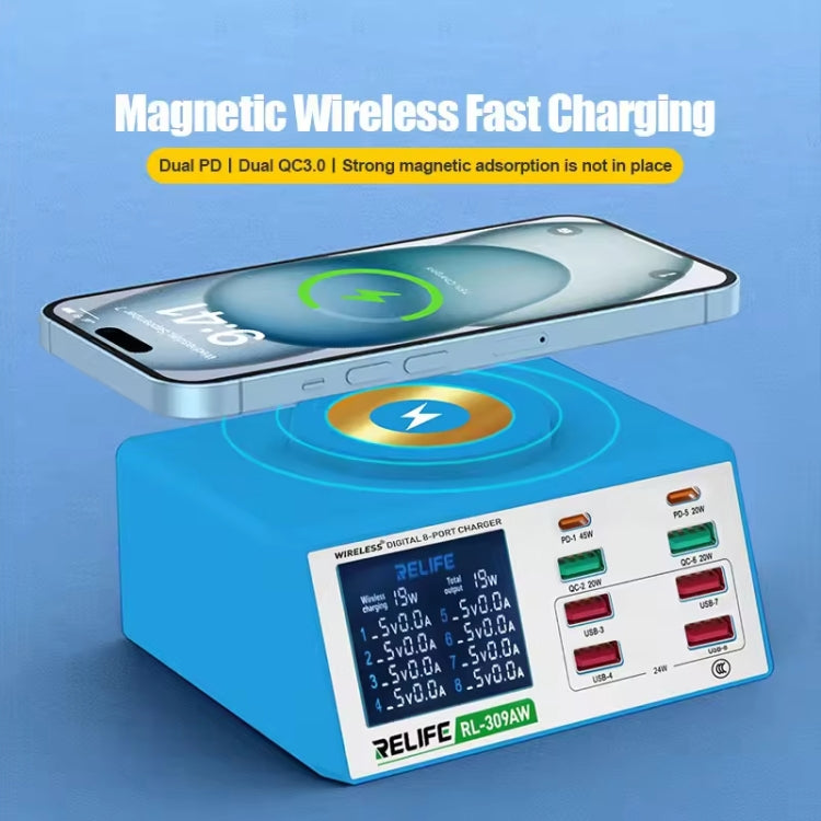 RELIFE RL-309AW  QC3.0 PD Fast Wireless Charger With LCD Display 8 Ports(EU Plug) - free shipping - PMC TechLife - Order now!