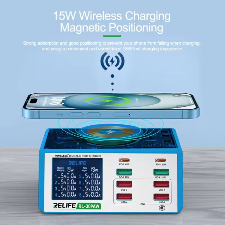 RELIFE RL-309AW  QC3.0 PD Fast Wireless Charger With LCD Display 8 Ports(US Plug) - free shipping - PMC TechLife - Order now!
