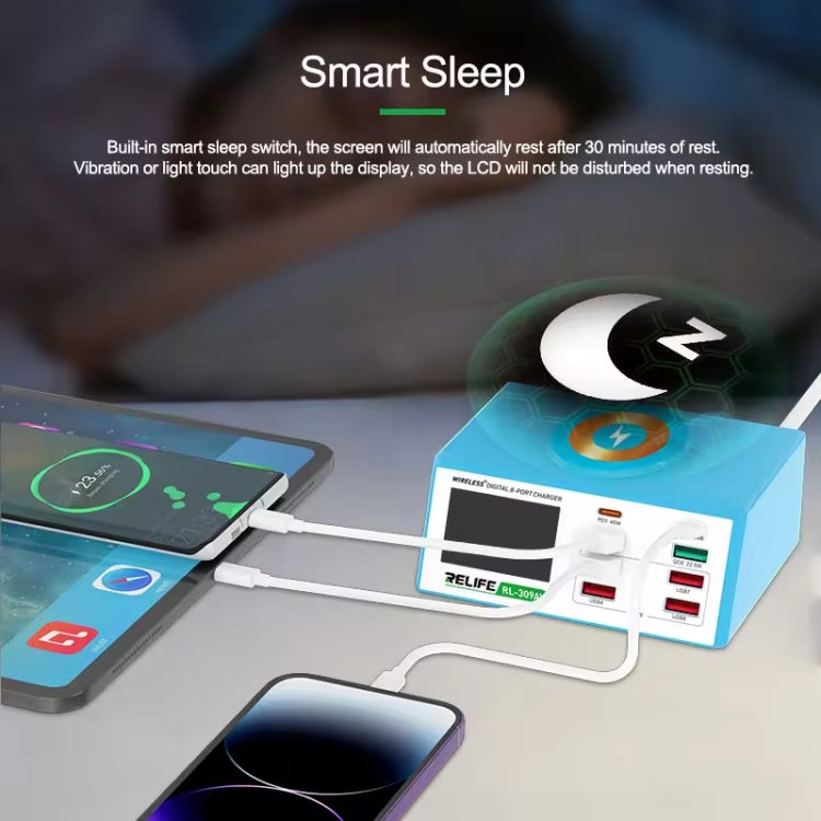RELIFE RL-309AW  QC3.0 PD Fast Wireless Charger With LCD Display 8 Ports(EU Plug) - free shipping - PMC TechLife - Order now!