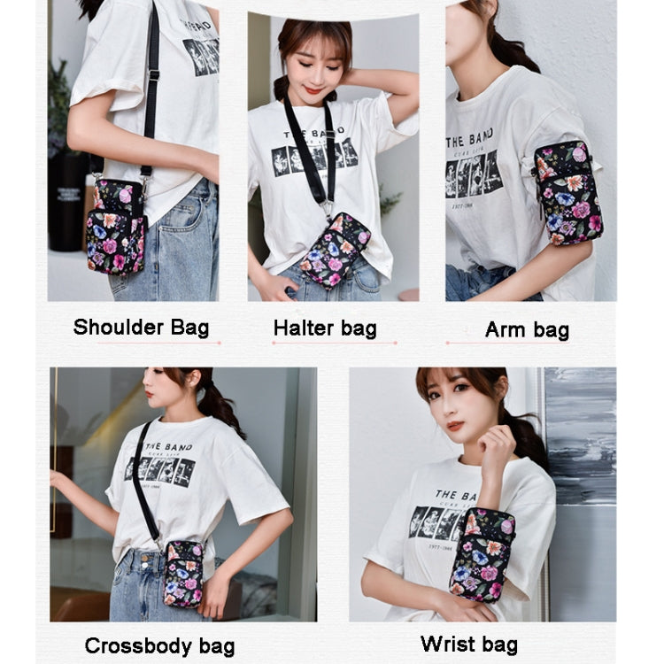 Printed Crossbody Mobile Phone Bag Mini Wallet With Arm Band, Style: Black Flower - Single-shoulder Bags by PMC TechLife | Online Shopping South Africa | PMC TechLife | Buy Now Pay Later Mobicred