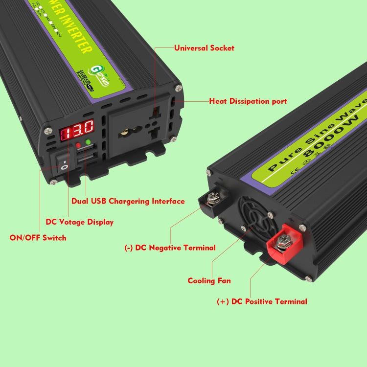 Gurxun 12V-220V 8000W Pure Sine Wave Inverter Car Single Digital Display Voltage Converter - free shipping - PMC TechLife - Order now!
