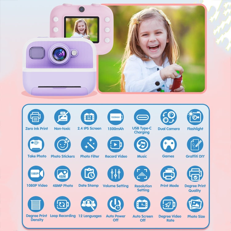M8 2.4-Inch 1080P HD 2400W Pixel Dual-Camera Children Thermal Printing Camera, Color: Purple+32GB - Children Cameras by PMC TechLife | Online Shopping South Africa | PMC TechLife | Buy Now Pay Later Mobicred