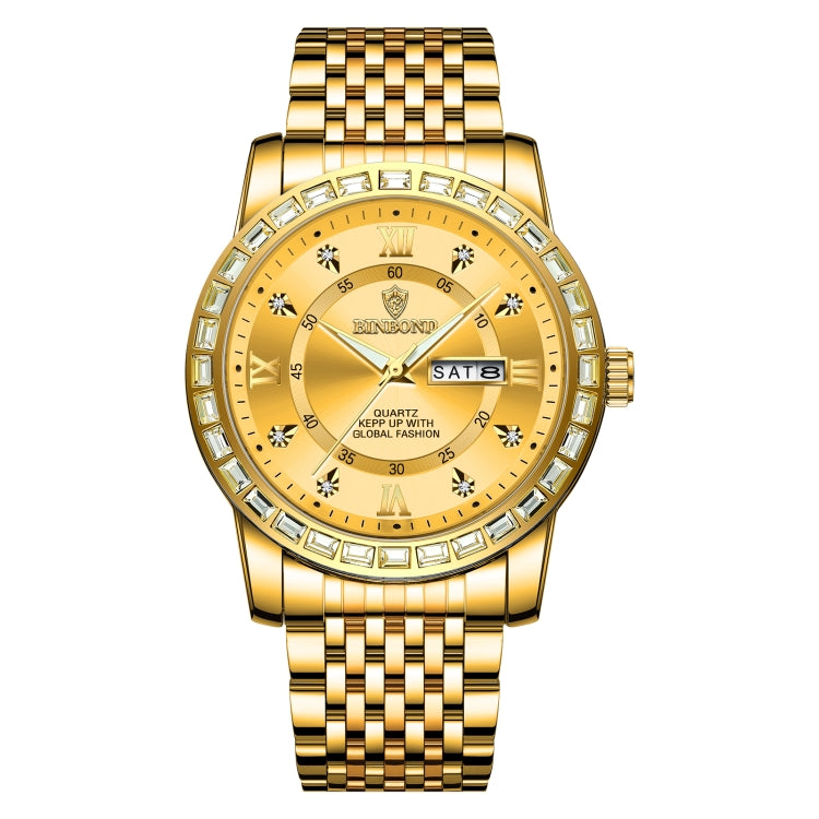 BINBOND B2202 Diamond Dual-calendar Luminous Quartz Watch, Color: Full-gold-Gold - free shipping - PMC TechLife - Order now!